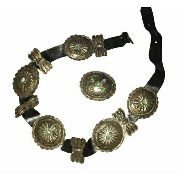 Vintage 1960s Navajo Sterling Stamped Domed Handmade 11 Pc Concho Belt Turquoise - Picture 1 of 12